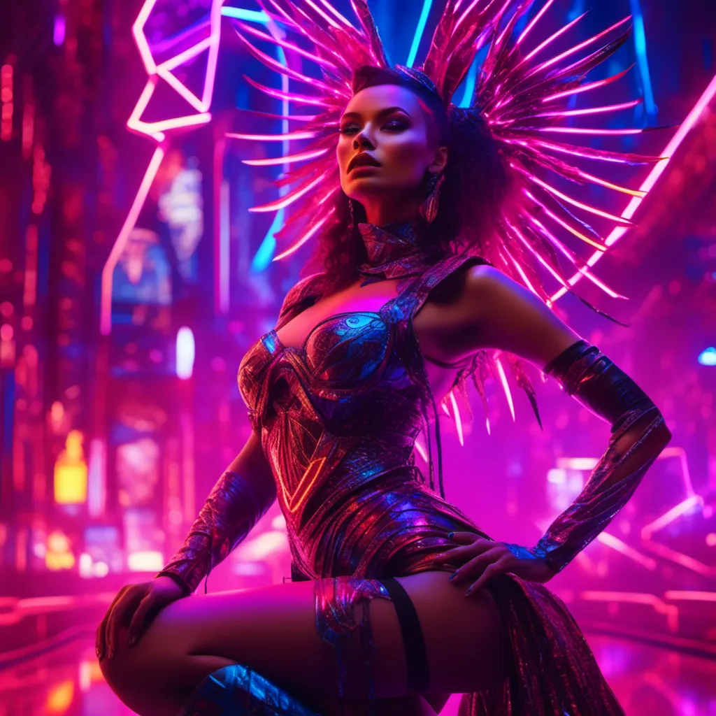 Prompt: a beautiful female demon in a dynamic pose in a retro futuristic synthwave cyberpunk neon paradise in <mymodel> style.  neon lighting, synthwave, cyber, futuristic city atmosphere. 