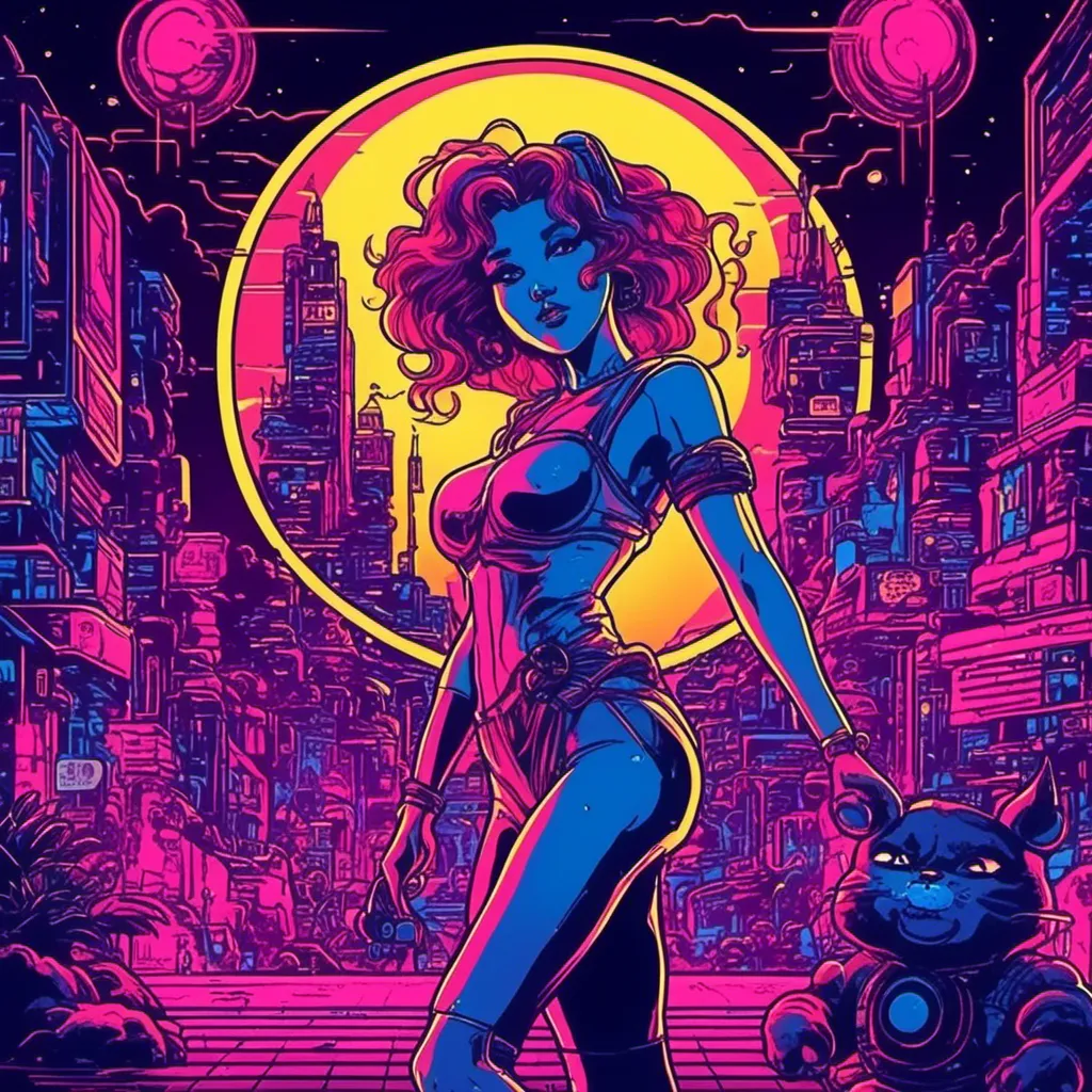 Prompt: <mymodel> a beautiful female demon in a dynamic pose in a retro futuristic synthwave cyberpunk neon paradise.  neon lighting, synthwave, cyber, retro, futuristic 