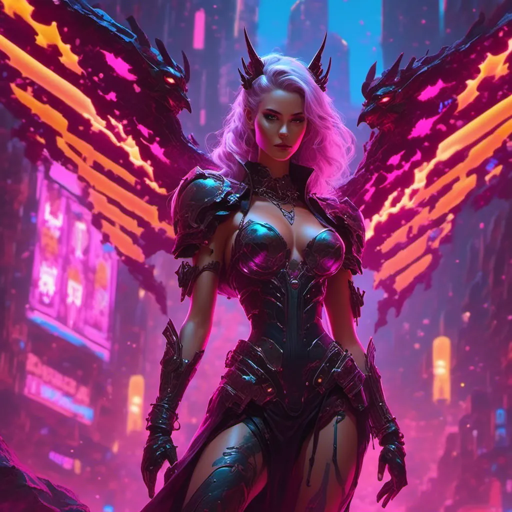 Prompt: a beautiful female demon in a dynamic pose in a retro futuristic synthwave cyberpunk neon paradise in <mymodel> style.  neon lighting, synthwave, cyber, futuristic city atmosphere. 
