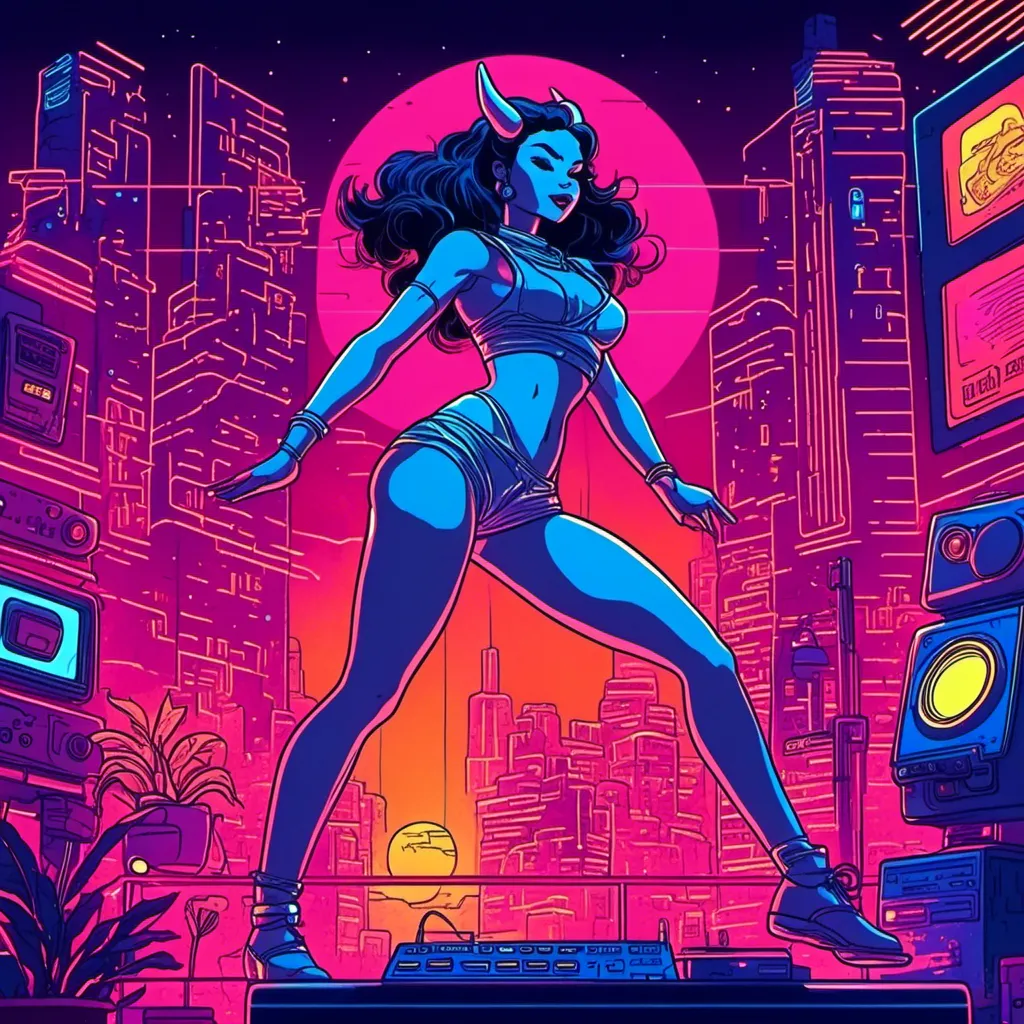 Prompt: <mymodel> a beautiful female demon in a dynamic pose in a retro futuristic synthwave cyberpunk neon paradise.  neon lighting, synthwave, cyber, retro, futuristic 