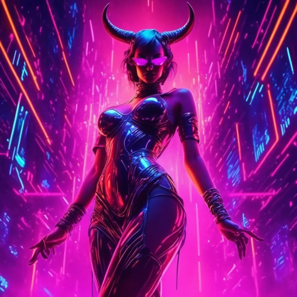 Prompt: a beautiful female demon in a dynamic pose in a retro futuristic synthwave cyberpunk neon paradise in <mymodel> style.  neon lighting, synthwave, cyber, futuristic city atmosphere, art, illustrated, stylized. 