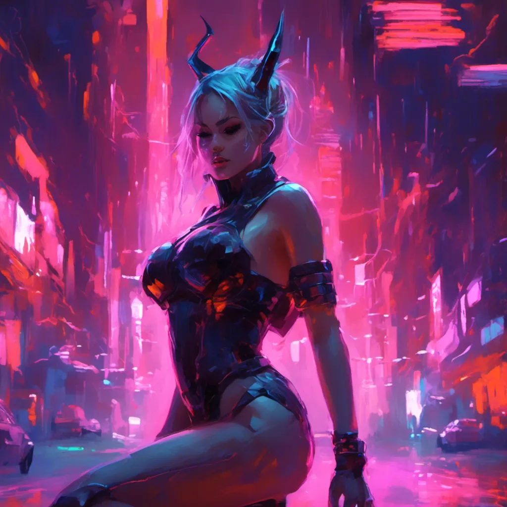 Prompt: a beautiful female demon in a dynamic pose in a retro futuristic synthwave cyberpunk neon paradise in <mymodel> style.  neon lighting, synthwave, cyber, retro, futuristic city atmosphere. 