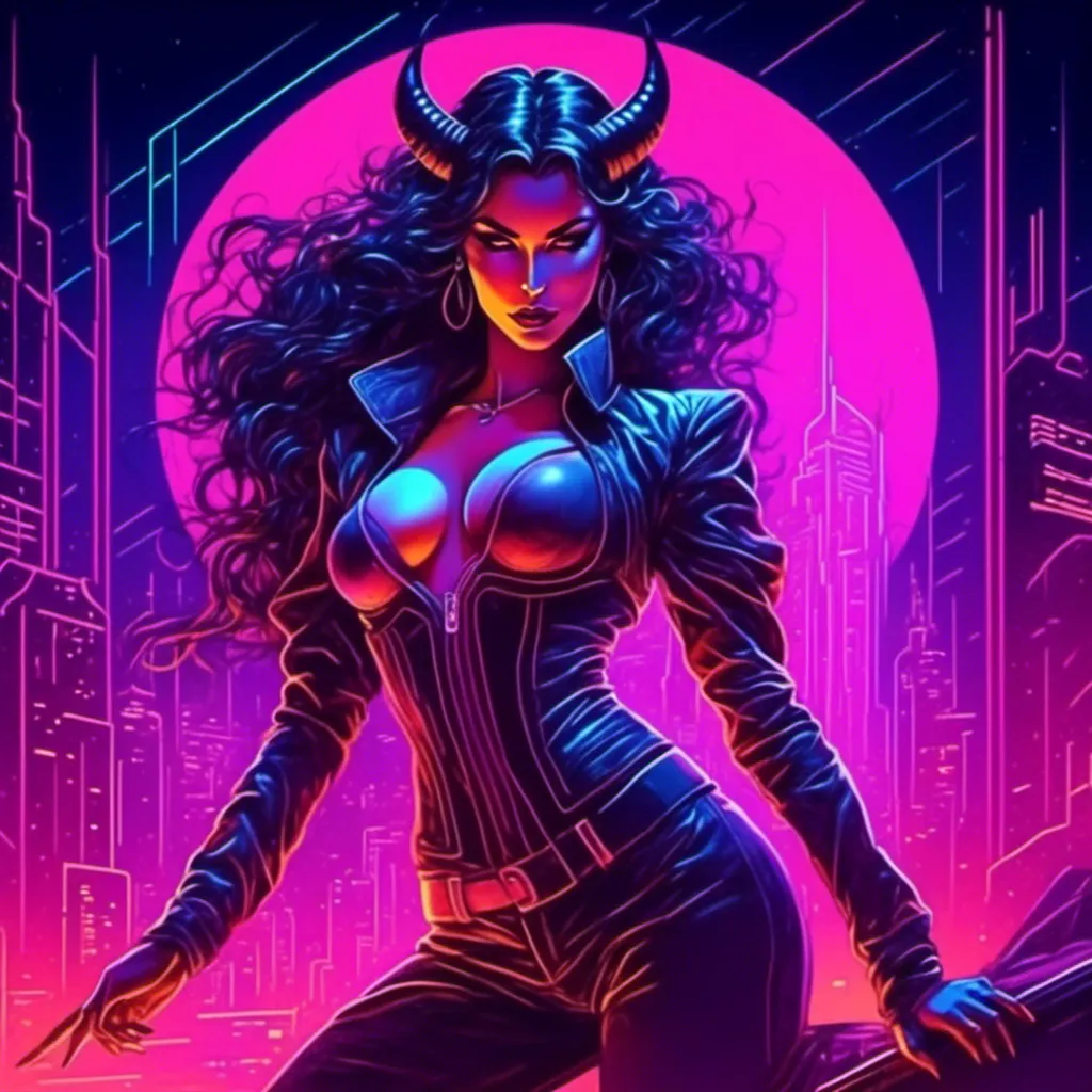 Prompt: a beautiful female demon in a dynamic pose in a retro futuristic synthwave cyberpunk neon paradise in <mymodel> style.  neon lighting, synthwave, cyber, futuristic city atmosphere. 