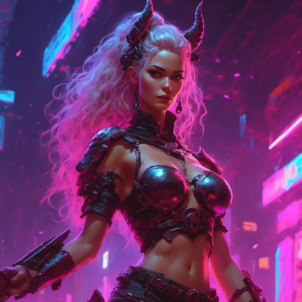 Prompt: a beautiful female demon in a dynamic pose in a retro futuristic synthwave cyberpunk neon paradise in <mymodel> style.  neon lighting, synthwave, cyber, futuristic city atmosphere. 