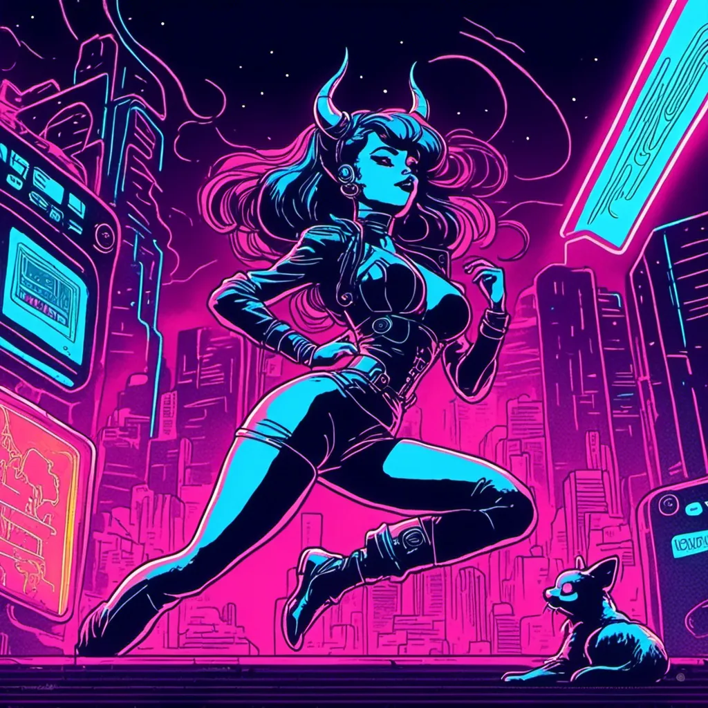 Prompt: <mymodel> a beautiful female demon in a dynamic pose in a retro futuristic synthwave cyberpunk neon paradise.  neon lighting, synthwave, cyber, retro, futuristic 