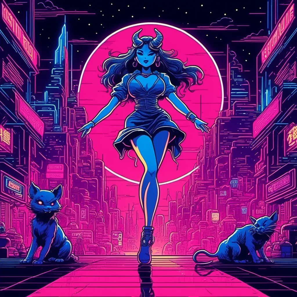 Prompt: <mymodel> a beautiful female demon in a dynamic pose in a retro futuristic synthwave cyberpunk neon paradise.  neon lighting, synthwave, cyber, retro, futuristic 