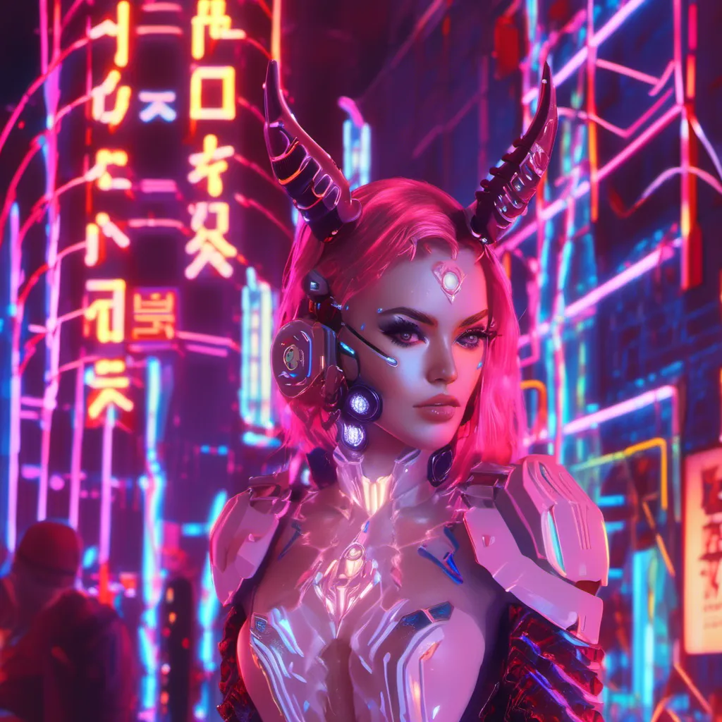 Prompt: a beautiful white female demon in a dynamic pose in a retro futuristic synthwave cyberpunk neon paradise in <mymodel> style.  neon lighting, synthwave, cyber, futuristic city atmosphere. 