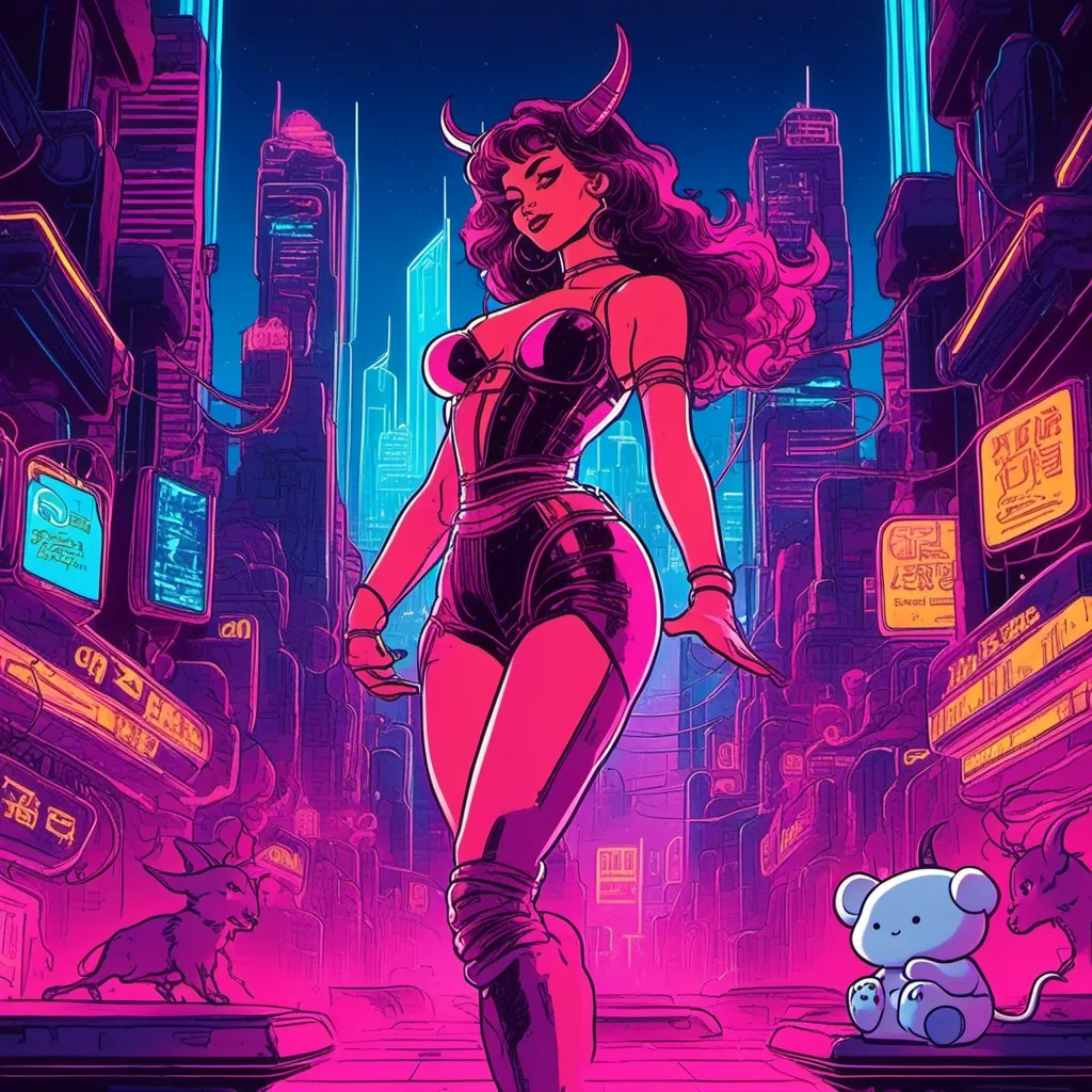 Prompt: a beautiful female demon in a dynamic pose in a retro futuristic synthwave cyberpunk neon paradise in <mymodel> style.  neon lighting, synthwave, cyber, futuristic city atmosphere. 