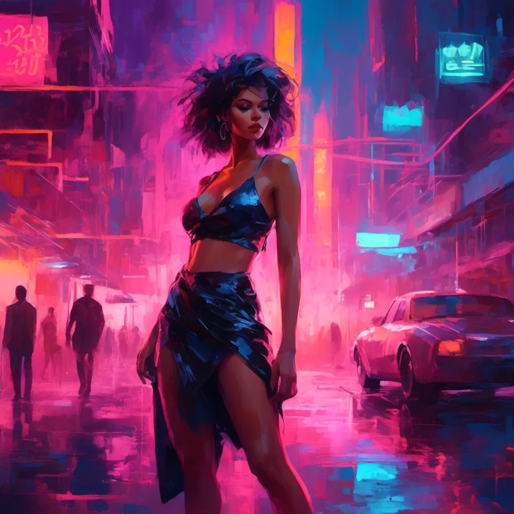 Prompt: a beautiful female demon in a dynamic pose in a retro futuristic synthwave cyberpunk neon paradise in <mymodel> style.  neon lighting, synthwave, cyber, retro, futuristic city atmosphere. 