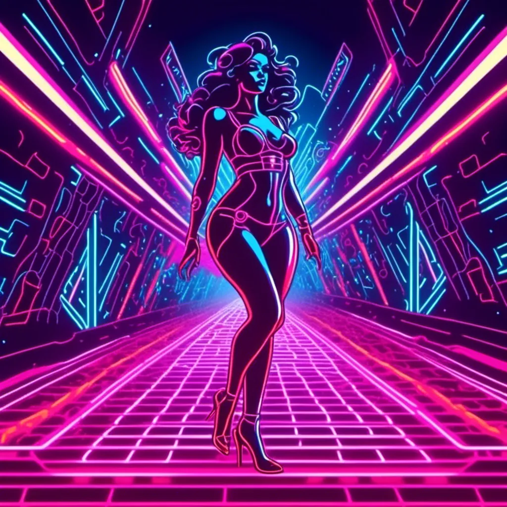 Prompt: a beautiful female demon in a dynamic pose in a retro futuristic synthwave cyberpunk neon paradise in <mymodel> style.  neon lighting, synthwave, cyber, futuristic city atmosphere. 