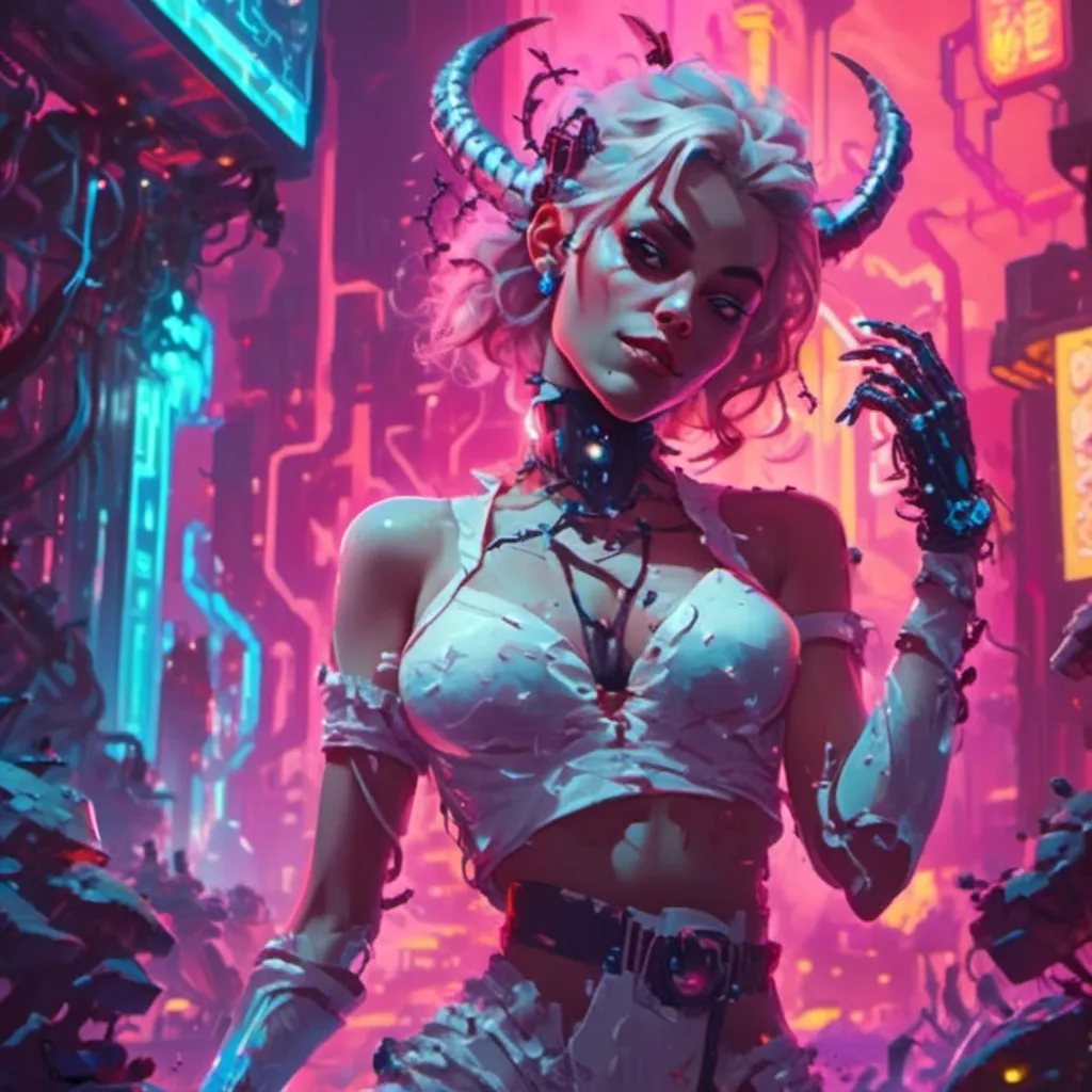 Prompt: a beautiful white female demon in a dynamic pose in a retro futuristic synthwave cyberpunk neon paradise in <mymodel> style.  neon lighting, synthwave, cyber, futuristic city atmosphere, art, illustrated, style. 