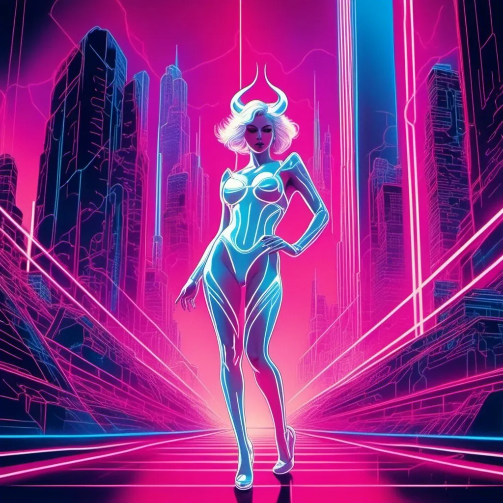 Prompt: a beautiful white female demon in a dynamic pose in a retro futuristic synthwave cyberpunk neon paradise in <mymodel> style.  neon lighting, synthwave, cyber, futuristic city atmosphere, art, illustrated, stylized. 