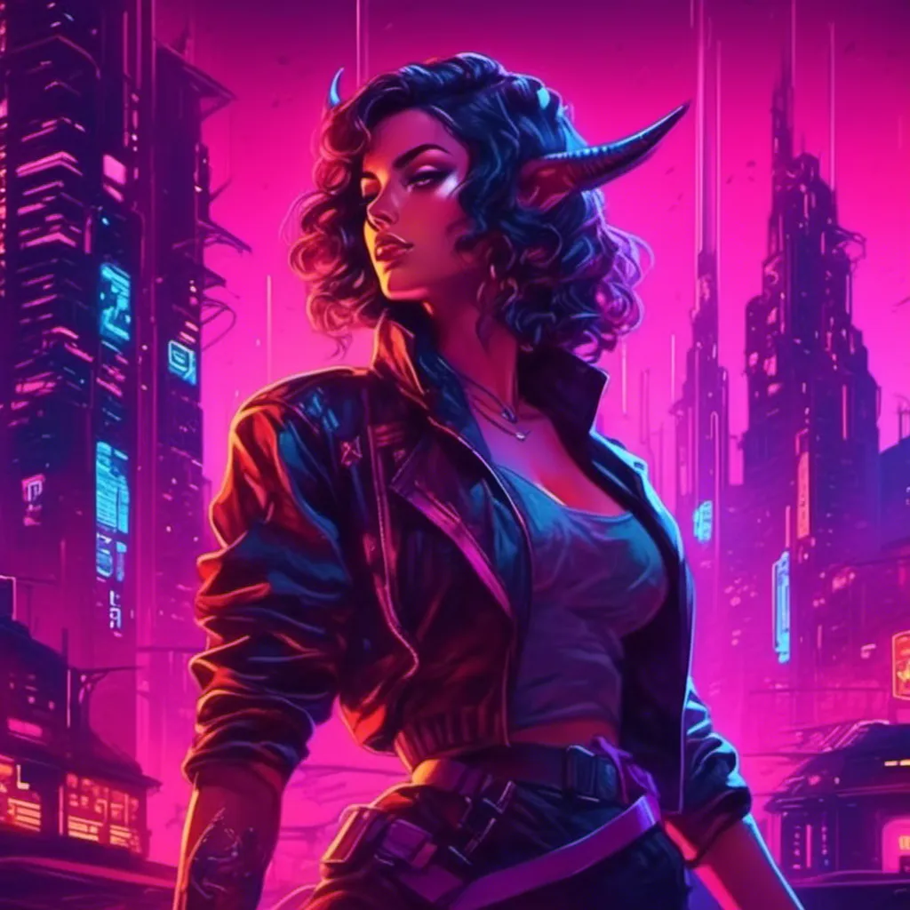 Prompt: a beautiful female demon in a dynamic pose in a retro futuristic synthwave cyberpunk neon paradise in <mymodel> style.  neon lighting, synthwave, cyber, futuristic city atmosphere. 