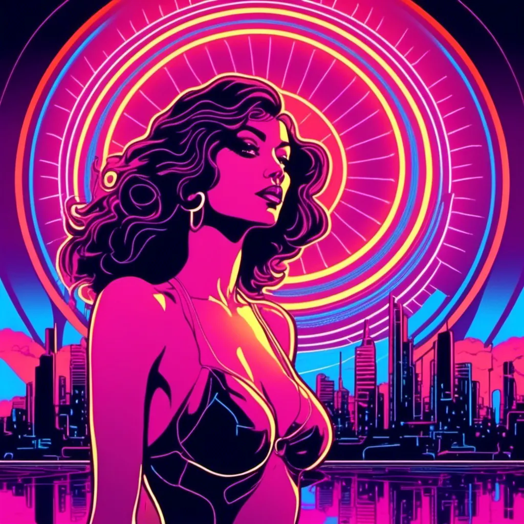 Prompt: a beautiful female demon in a dynamic pose in a retro futuristic synthwave cyberpunk neon paradise in <mymodel> style.  neon lighting, synthwave, cyber, futuristic city atmosphere. 