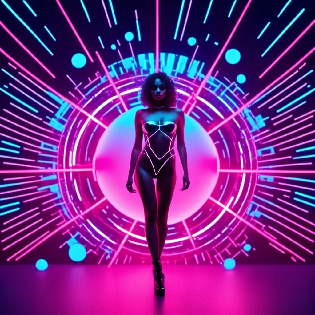 Prompt: a beautiful female demon in a dynamic pose in a retro futuristic synthwave cyberpunk neon paradise in <mymodel> style.  neon lighting, synthwave, cyber, futuristic city atmosphere. 