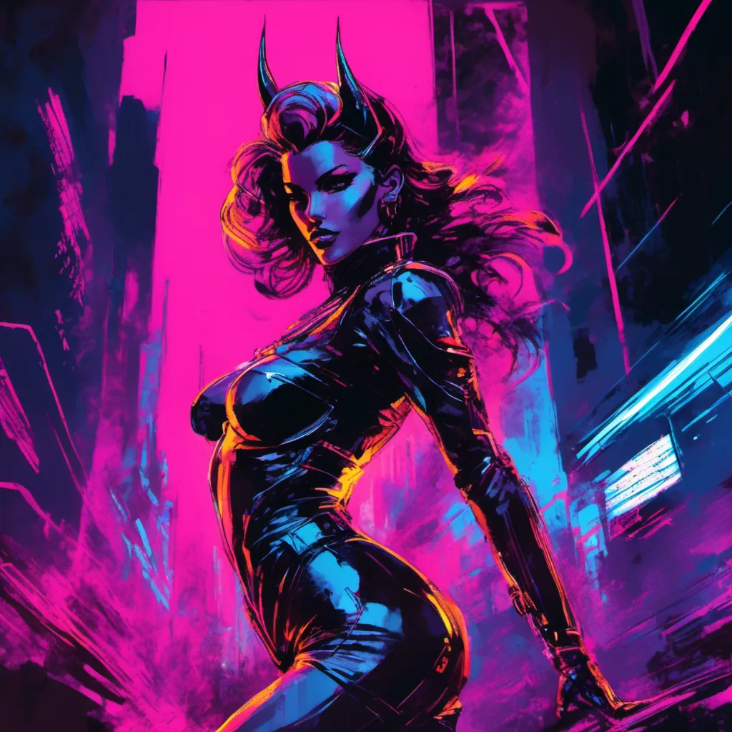 Prompt: Modern sumi-e speed style, dynamic brush strokes, a beautiful female demon in a dynamic pose in a retro futuristic synthwave cyberpunk neon paradise in <mymodel> style.  neon lighting, synthwave, cyber, futuristic city atmosphere, art, illustrated, stylized. 