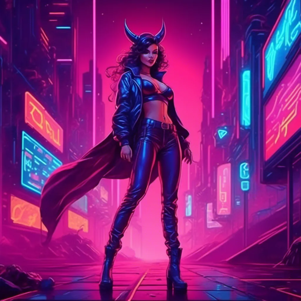 Prompt: a beautiful female demon in a dynamic pose in a retro futuristic synthwave cyberpunk neon paradise in <mymodel> style.  neon lighting, synthwave, cyber, futuristic city atmosphere. 