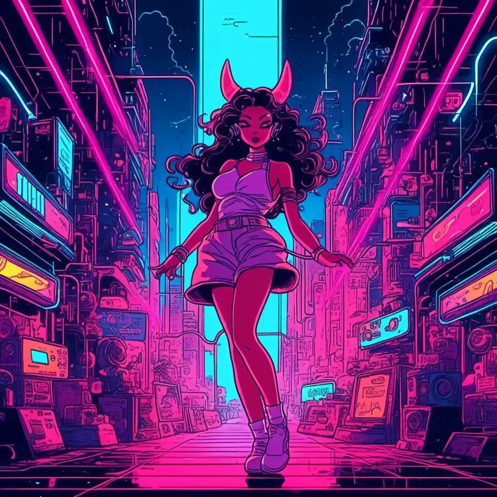 Prompt: <mymodel> a beautiful female demon in a dynamic pose in a retro futuristic synthwave cyberpunk neon paradise.  neon lighting, synthwave, cyber, retro, futuristic 