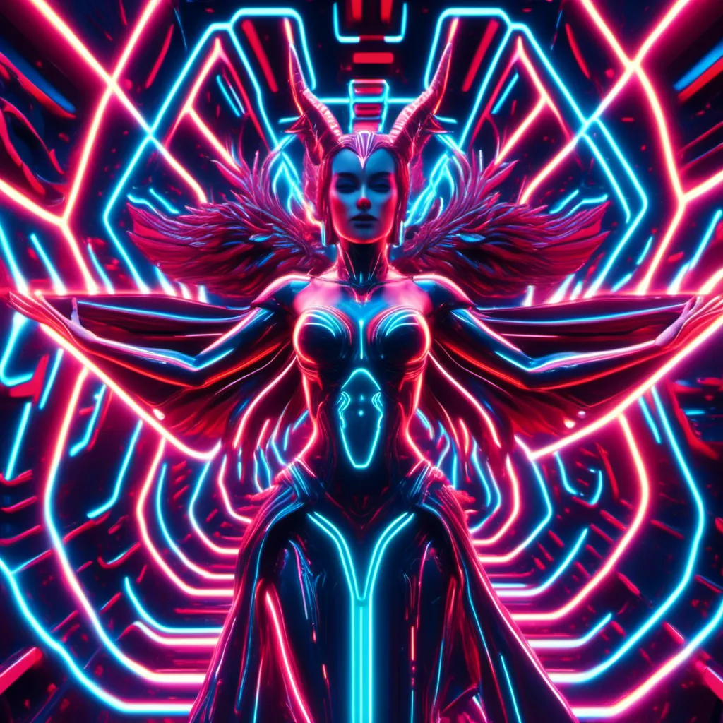 Prompt: <mymodel> a beautiful female demon in a dynamic pose in a retro futuristic synthwave cyberpunk neon paradise.  neon lighting, synthwave, cyber, retro, futuristic 