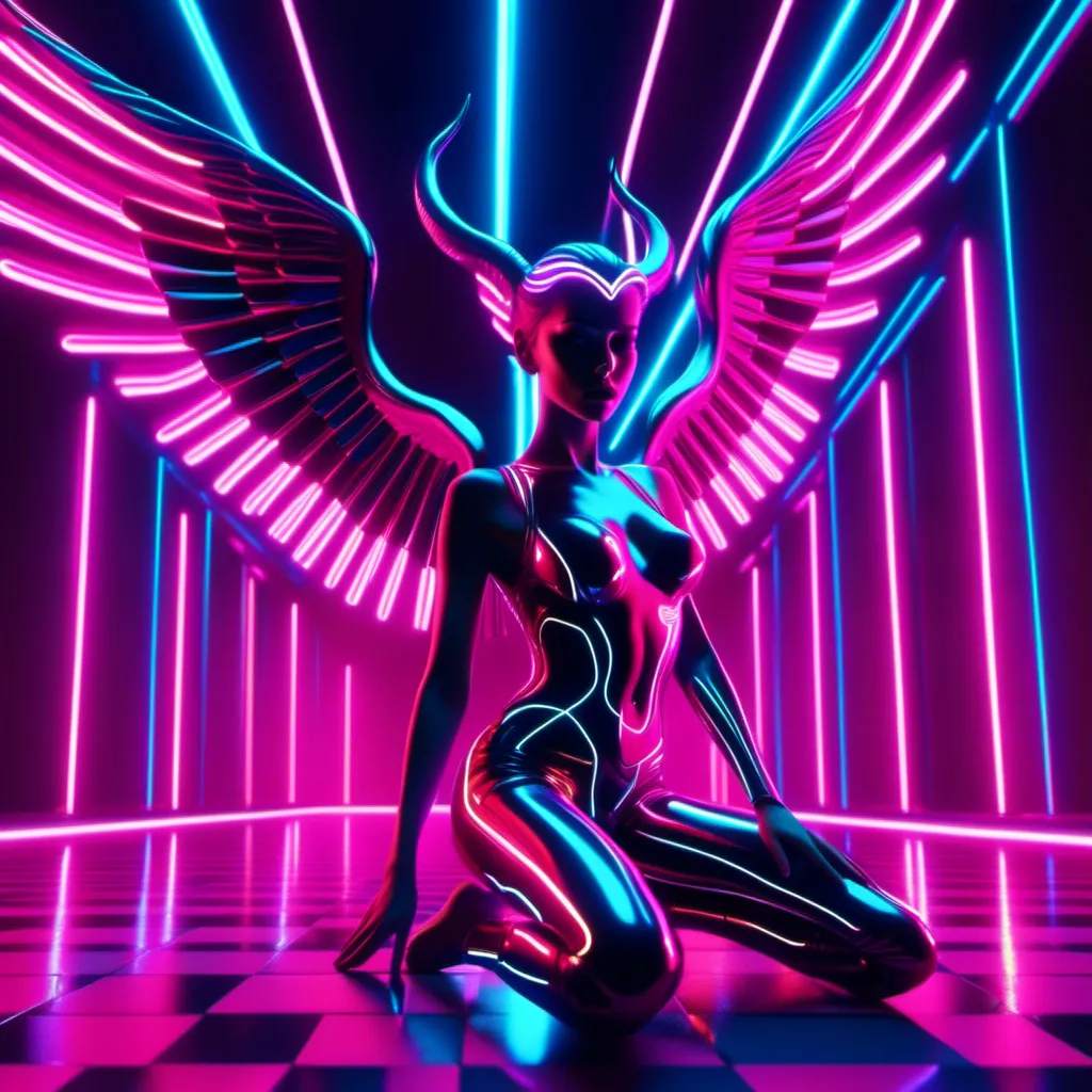 Prompt: <mymodel> a beautiful female demon in a dynamic pose in a retro futuristic synthwave cyberpunk neon paradise.  neon lighting, synthwave, cyber, retro, futuristic 