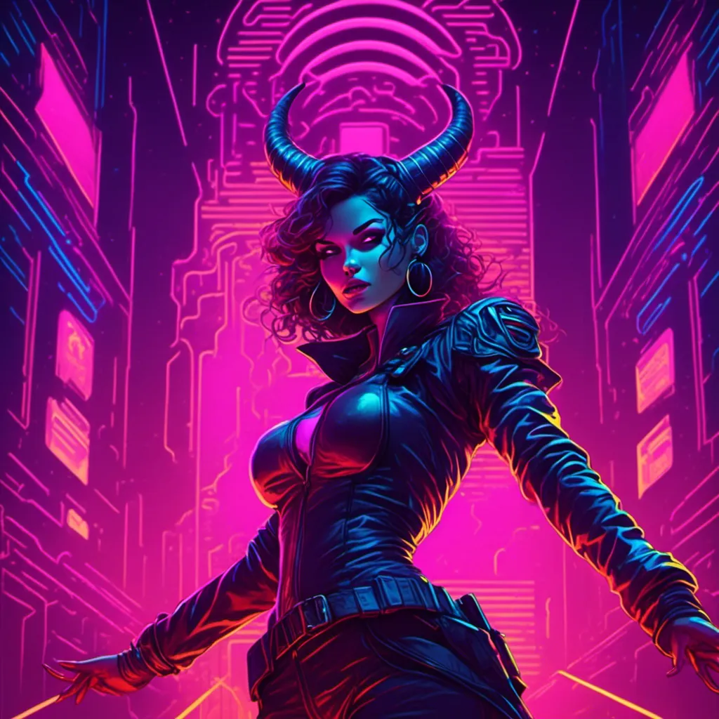 Prompt: a beautiful female demon in a dynamic pose in a retro futuristic synthwave cyberpunk neon paradise in <mymodel> style.  neon lighting, synthwave, cyber, futuristic city atmosphere. 