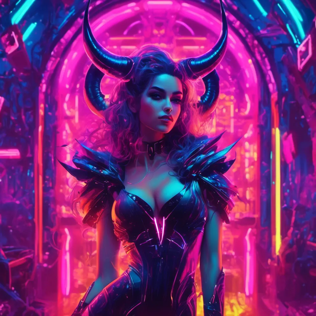 Prompt: a beautiful female demon in a dynamic pose in a retro futuristic synthwave cyberpunk neon paradise in <mymodel> style.  neon lighting, synthwave, cyber, futuristic city atmosphere, art, illustrated, stylized. 