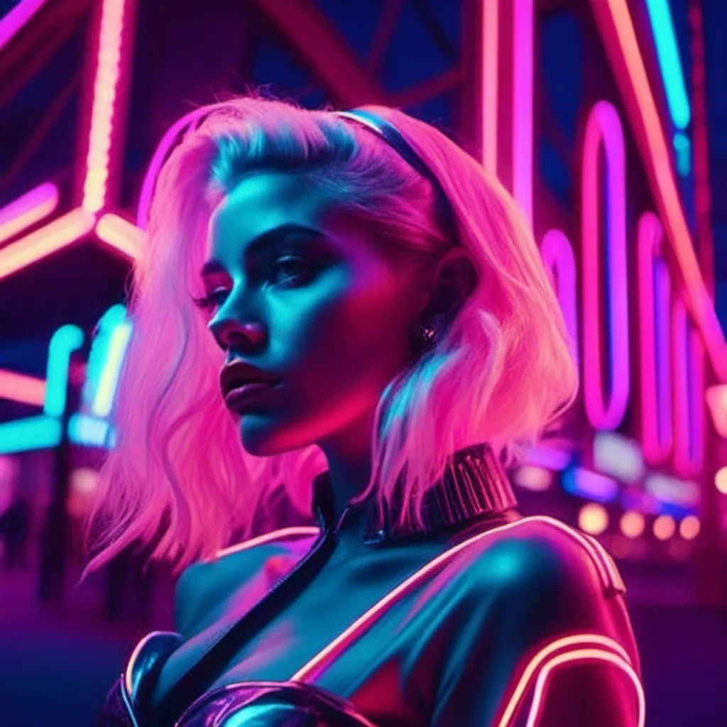 Prompt: a beautiful white female demon in a dynamic pose in a retro futuristic synthwave cyberpunk neon paradise in <mymodel> style.  neon lighting, synthwave, cyber, futuristic city atmosphere, art, illustrated, style. 