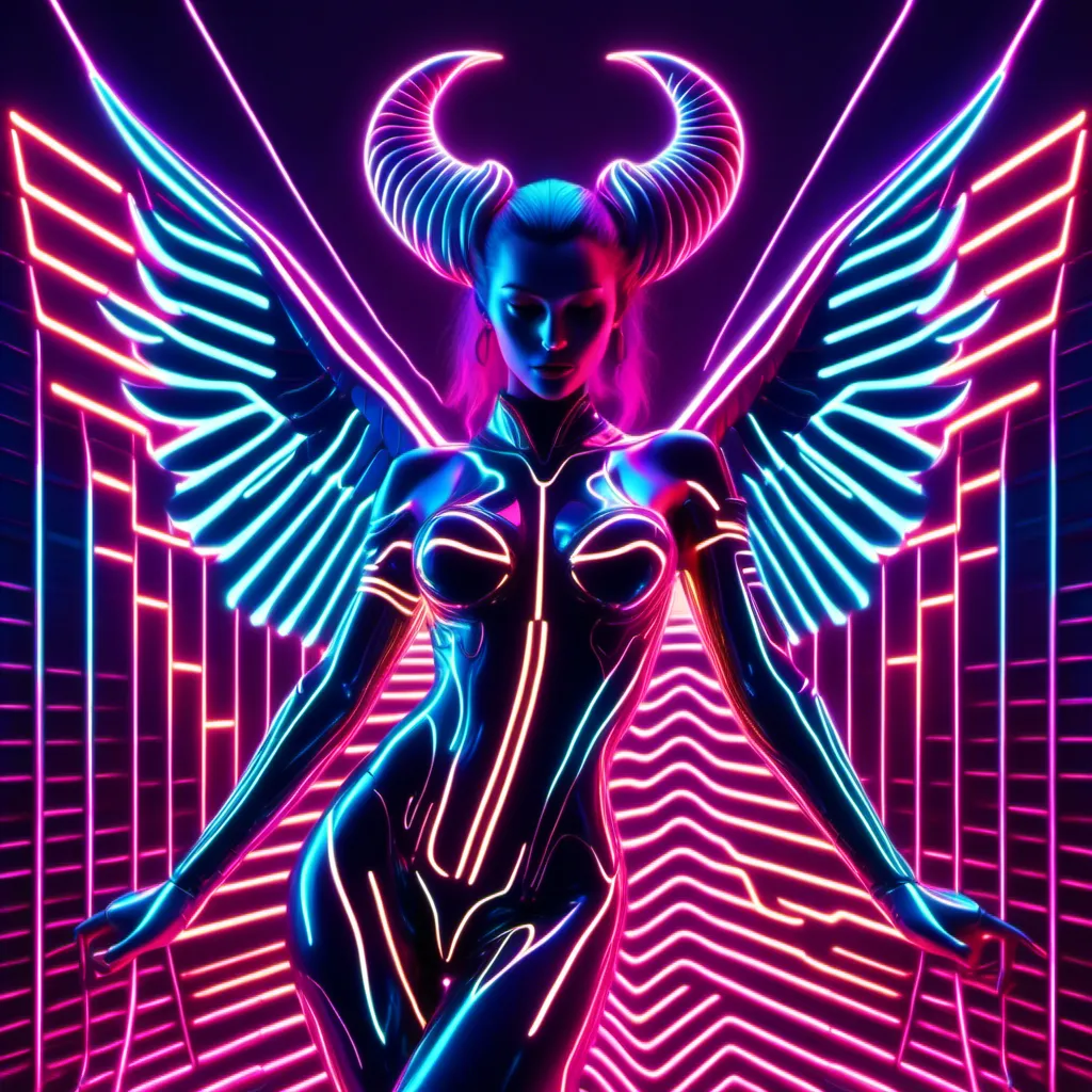 Prompt: <mymodel> a beautiful female demon in a dynamic pose in a retro futuristic synthwave cyberpunk neon paradise.  neon lighting, synthwave, cyber, retro, futuristic 