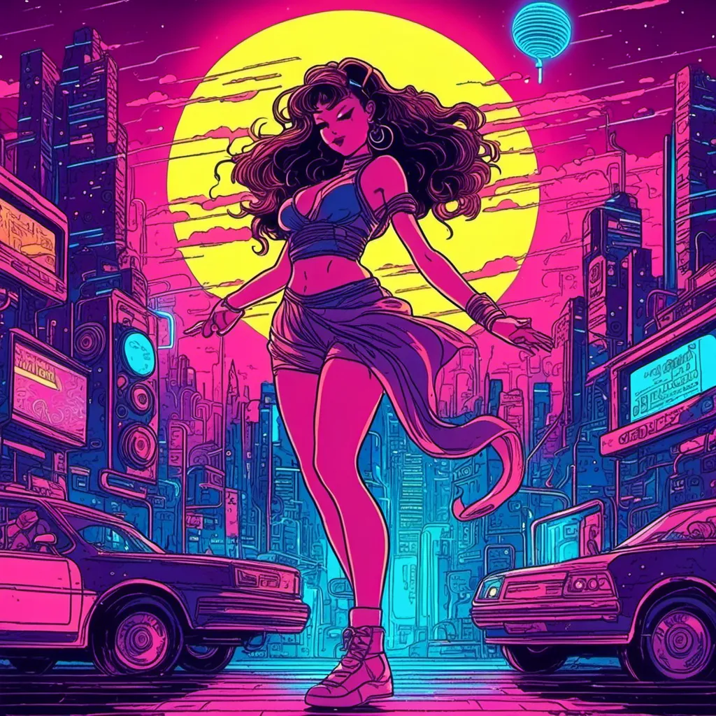 Prompt: <mymodel> a beautiful female demon in a dynamic pose in a retro futuristic synthwave cyberpunk neon paradise.  neon lighting, synthwave, cyber, retro, futuristic 