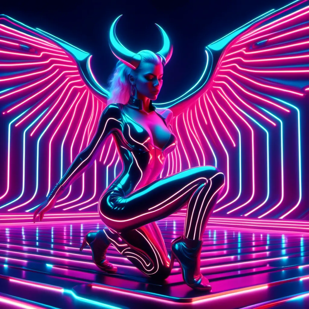 Prompt: <mymodel> a beautiful female demon in a dynamic pose in a retro futuristic synthwave cyberpunk neon paradise.  neon lighting, synthwave, cyber, retro, futuristic 