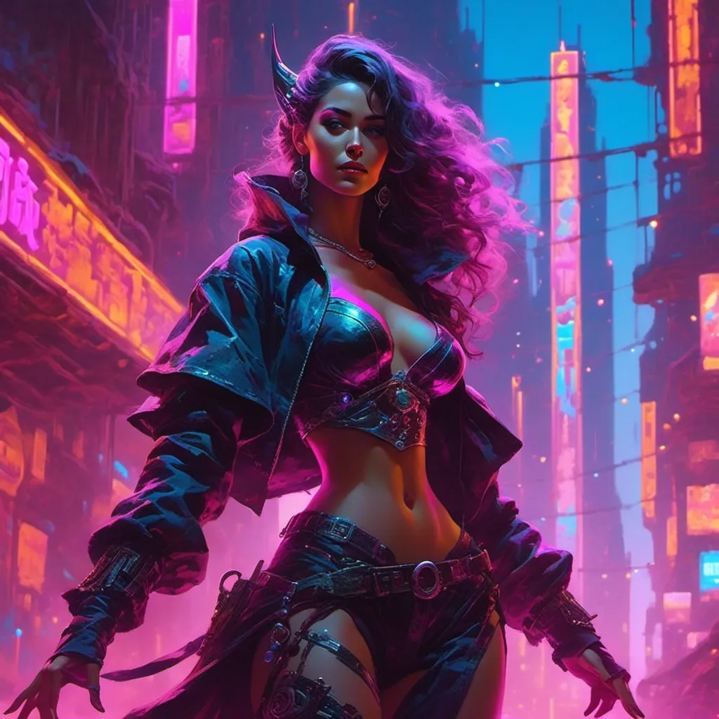 Prompt: a beautiful female demon in a dynamic pose in a retro futuristic synthwave cyberpunk neon paradise in <mymodel> style.  neon lighting, synthwave, cyber, futuristic city atmosphere. 