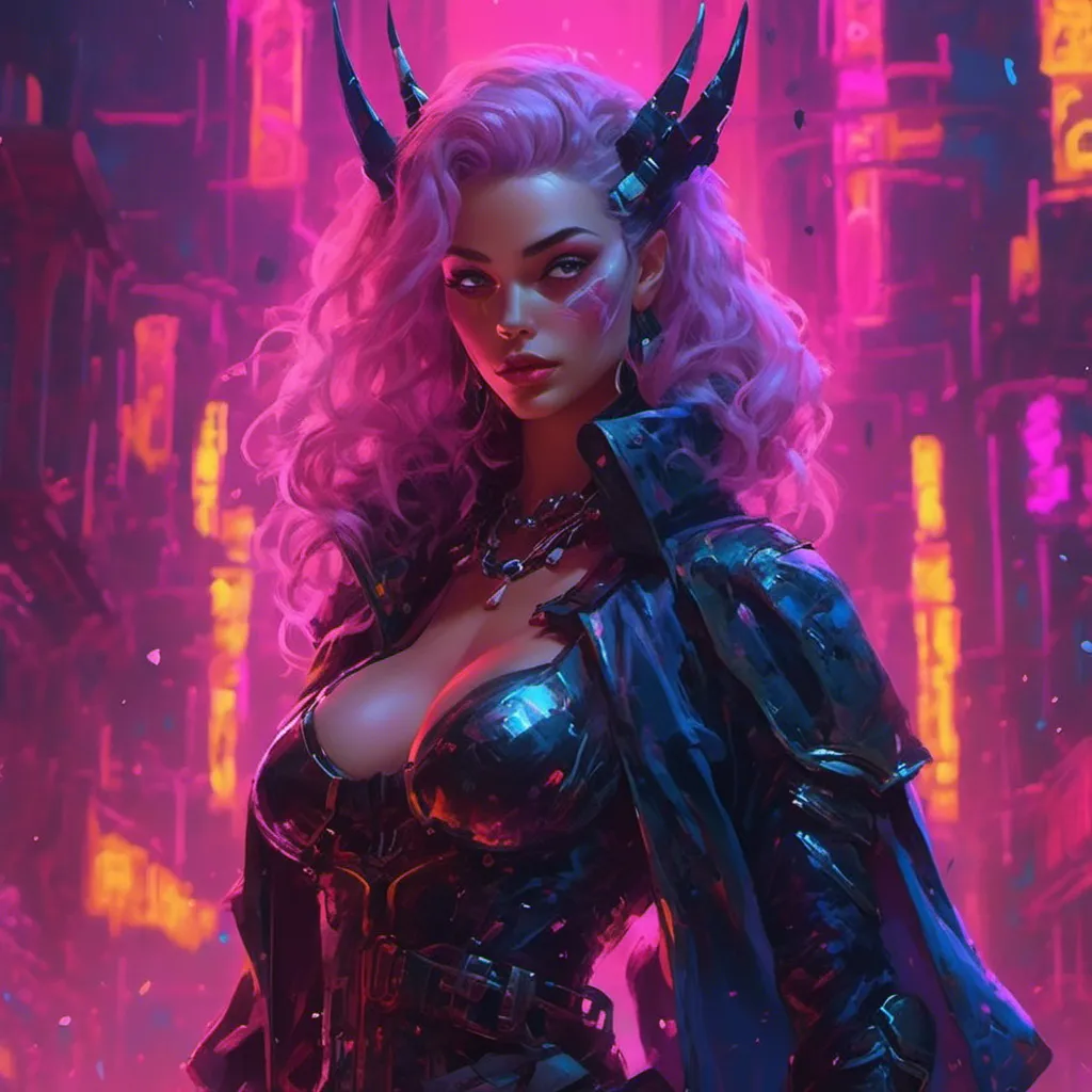 Prompt: a beautiful female demon in a dynamic pose in a retro futuristic synthwave cyberpunk neon paradise in <mymodel> style.  neon lighting, synthwave, cyber, futuristic city atmosphere. 