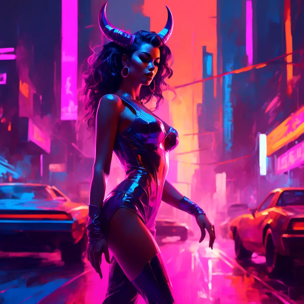 Prompt: a beautiful female demon in a dynamic pose in a retro futuristic synthwave cyberpunk neon paradise in <mymodel> style.  neon lighting, synthwave, cyber, retro, futuristic city atmosphere. 