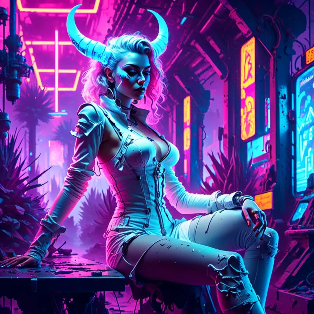 Prompt: a beautiful white female demon in a dynamic pose in a retro futuristic synthwave cyberpunk neon paradise in <mymodel> style.  neon lighting, synthwave, cyber, futuristic city atmosphere, art, illustrated, stylized. 