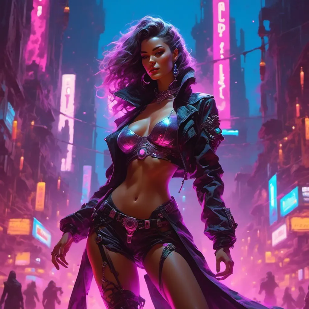 Prompt: a beautiful female demon in a dynamic pose in a retro futuristic synthwave cyberpunk neon paradise in <mymodel> style.  neon lighting, synthwave, cyber, futuristic city atmosphere. 