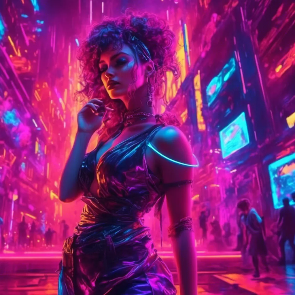 Prompt: a beautiful female demon in a dynamic pose in a retro futuristic synthwave cyberpunk neon paradise in <mymodel> style.  neon lighting, synthwave, cyber, futuristic city atmosphere, art, illustrated, stylized. 