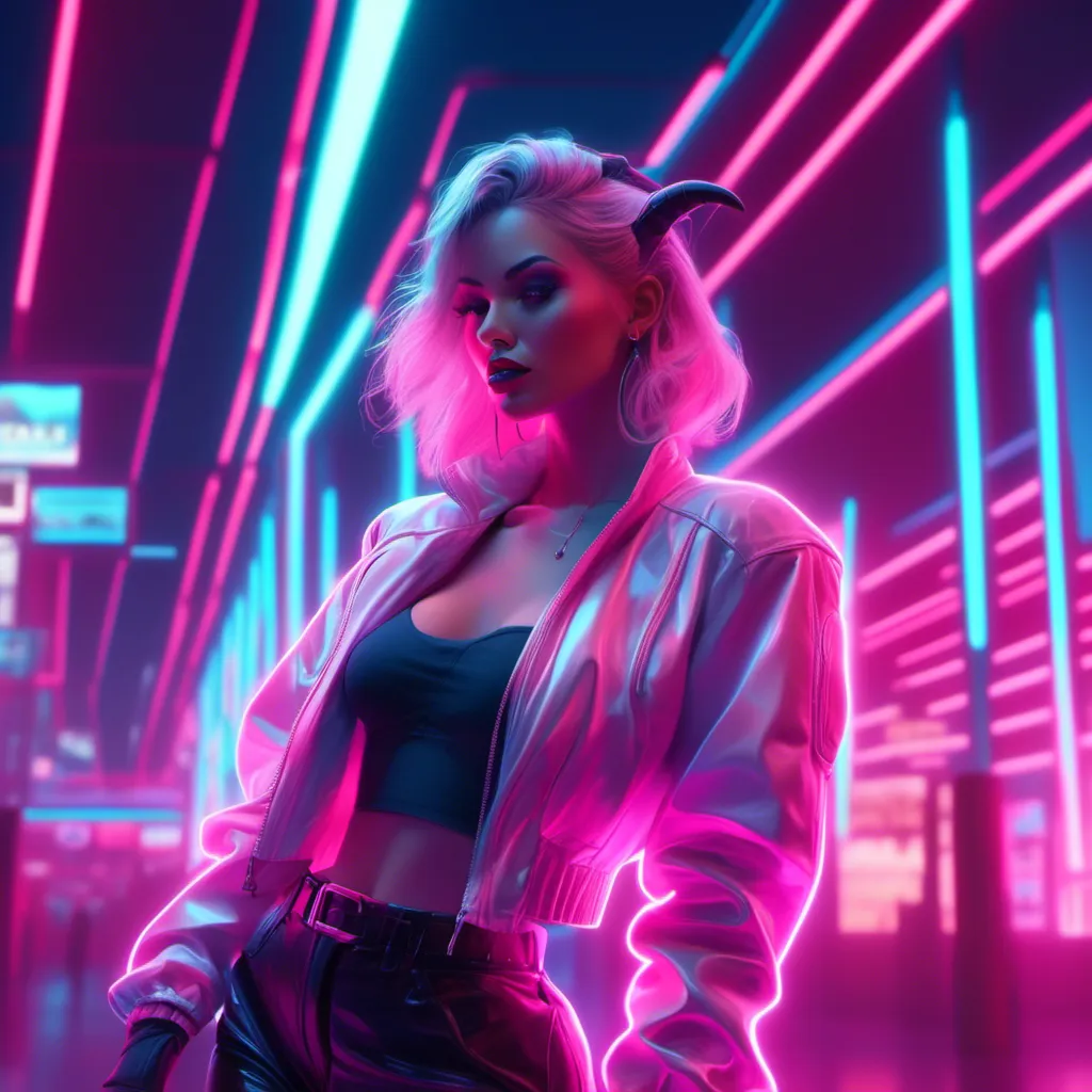 Prompt: a beautiful white female demon in a dynamic pose in a retro futuristic synthwave cyberpunk neon paradise in <mymodel> style.  neon lighting, synthwave, cyber, futuristic city atmosphere. 