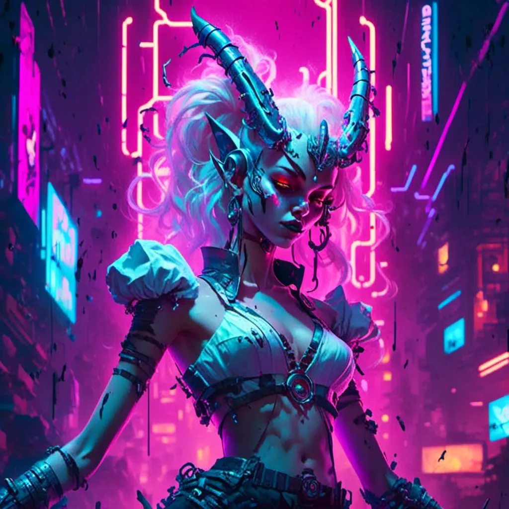 Prompt: a beautiful white female demon in a dynamic pose in a retro futuristic synthwave cyberpunk neon paradise in <mymodel> style.  neon lighting, synthwave, cyber, futuristic city atmosphere, art, illustrated, stylized. 