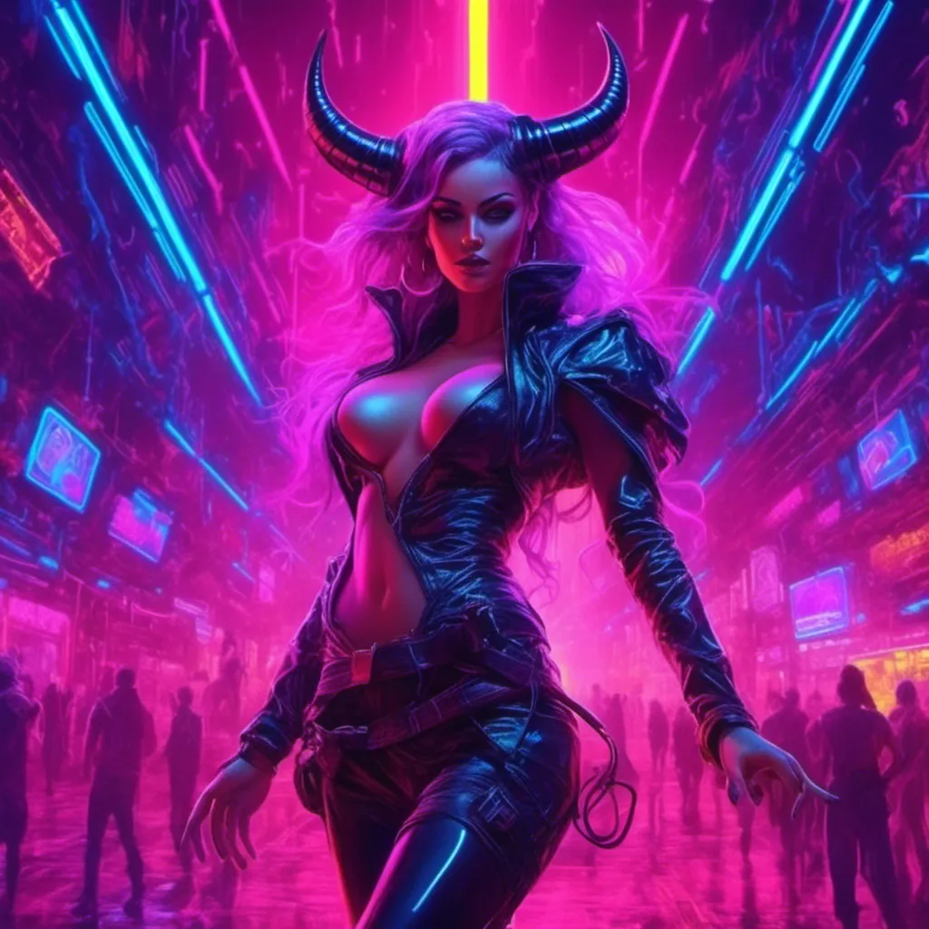 Prompt: a beautiful female demon in a dynamic pose in a retro futuristic synthwave cyberpunk neon paradise in <mymodel> style.  neon lighting, synthwave, cyber, futuristic city atmosphere, art, illustrated, stylized. 