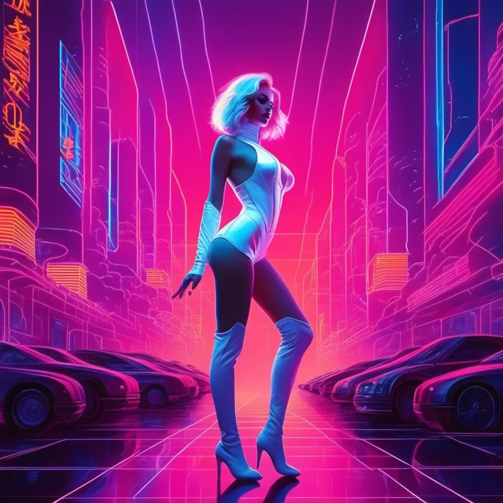 Prompt: a beautiful white female demon in a dynamic pose in a retro futuristic synthwave cyberpunk neon paradise in <mymodel> style.  neon lighting, synthwave, cyber, futuristic city atmosphere, art, illustrated, stylized. 