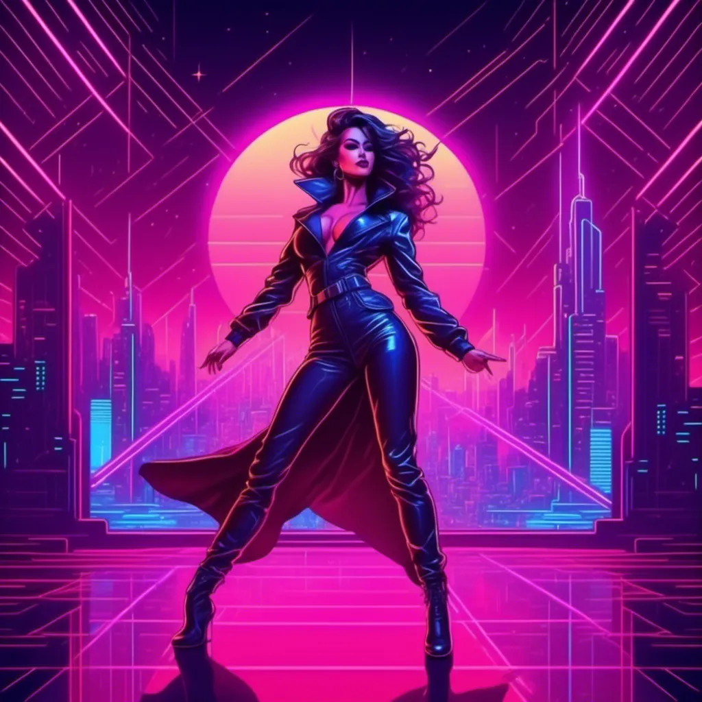 Prompt: a beautiful female demon in a dynamic pose in a retro futuristic synthwave cyberpunk neon paradise in <mymodel> style.  neon lighting, synthwave, cyber, futuristic city atmosphere. 