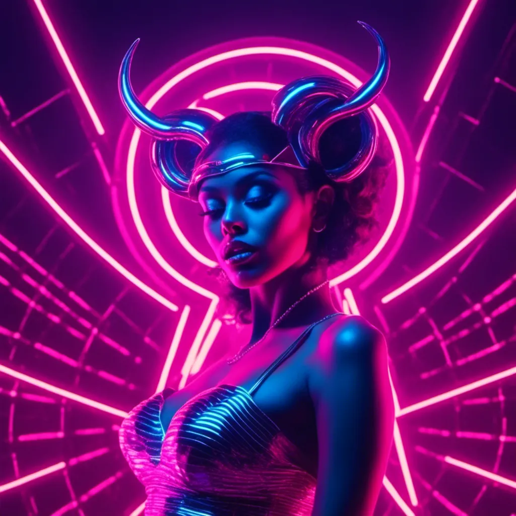 Prompt: a beautiful female demon in a dynamic pose in a retro futuristic synthwave cyberpunk neon paradise in <mymodel> style.  neon lighting, synthwave, cyber, futuristic city atmosphere. 