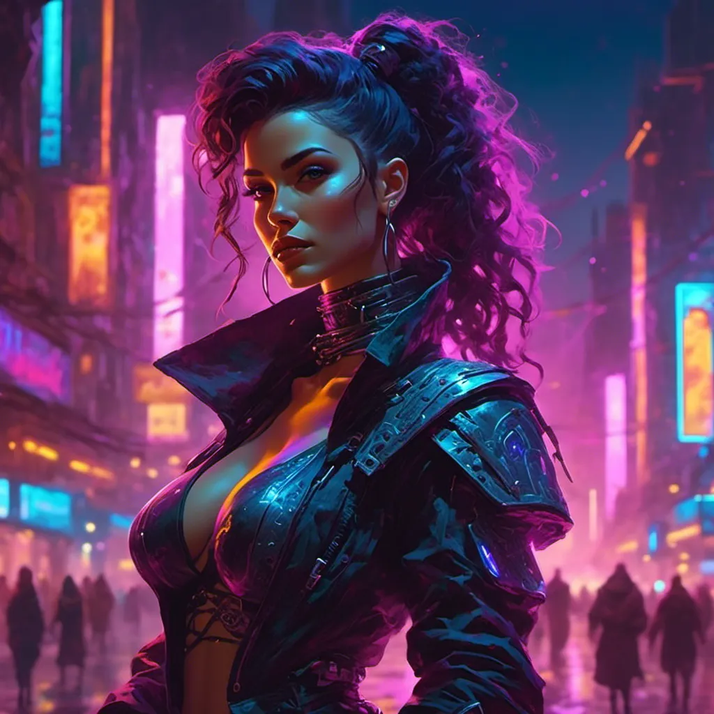 Prompt: a beautiful female demon in a dynamic pose in a retro futuristic synthwave cyberpunk neon paradise in <mymodel> style.  neon lighting, synthwave, cyber, futuristic city atmosphere. 