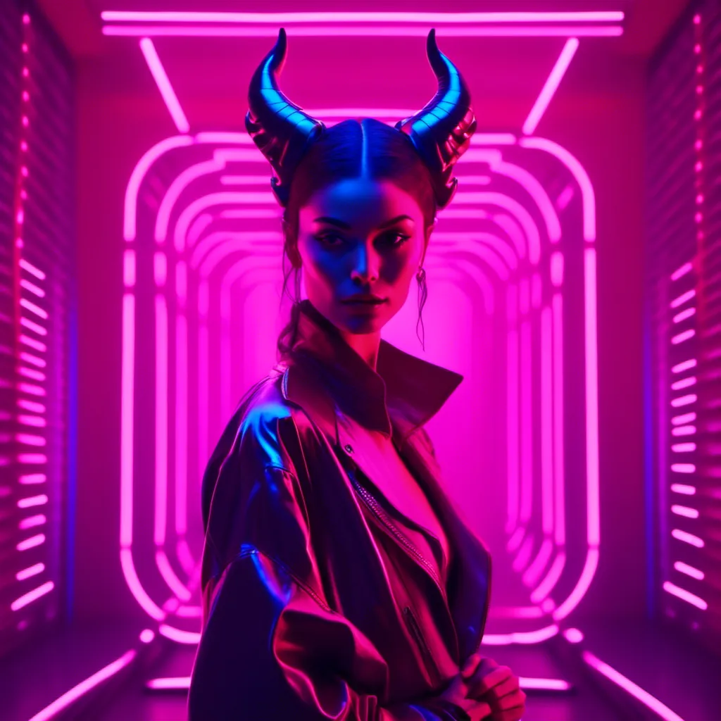 Prompt: <mymodel> a beautiful female demon in a dynamic pose in a retro futuristic synthwave cyberpunk neon paradise.  neon lighting, synthwave, cyber, retro, futuristic 