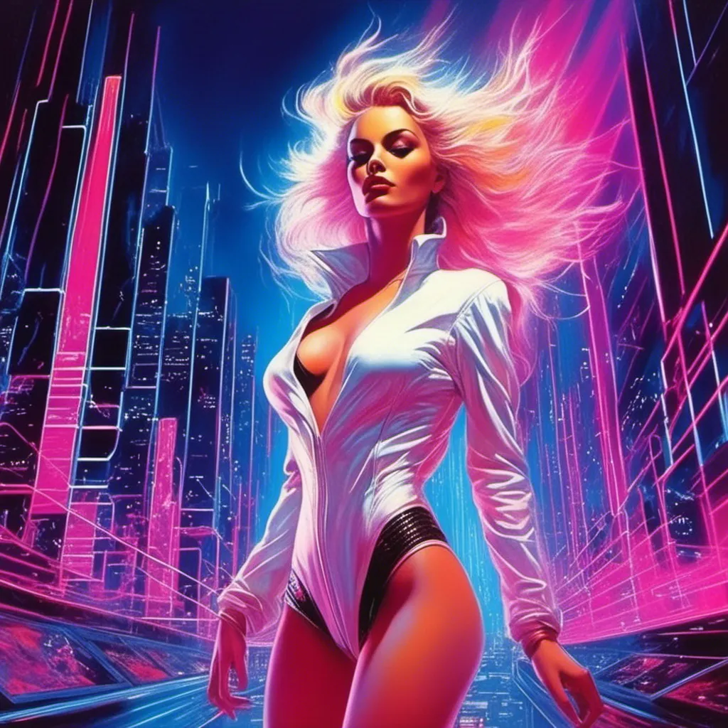 Prompt: a beautiful white female demon in a dynamic pose in a retro futuristic synthwave cyberpunk neon paradise in <mymodel> style.  neon lighting, synthwave, cyber, futuristic city atmosphere, art, illustrated, stylized. 