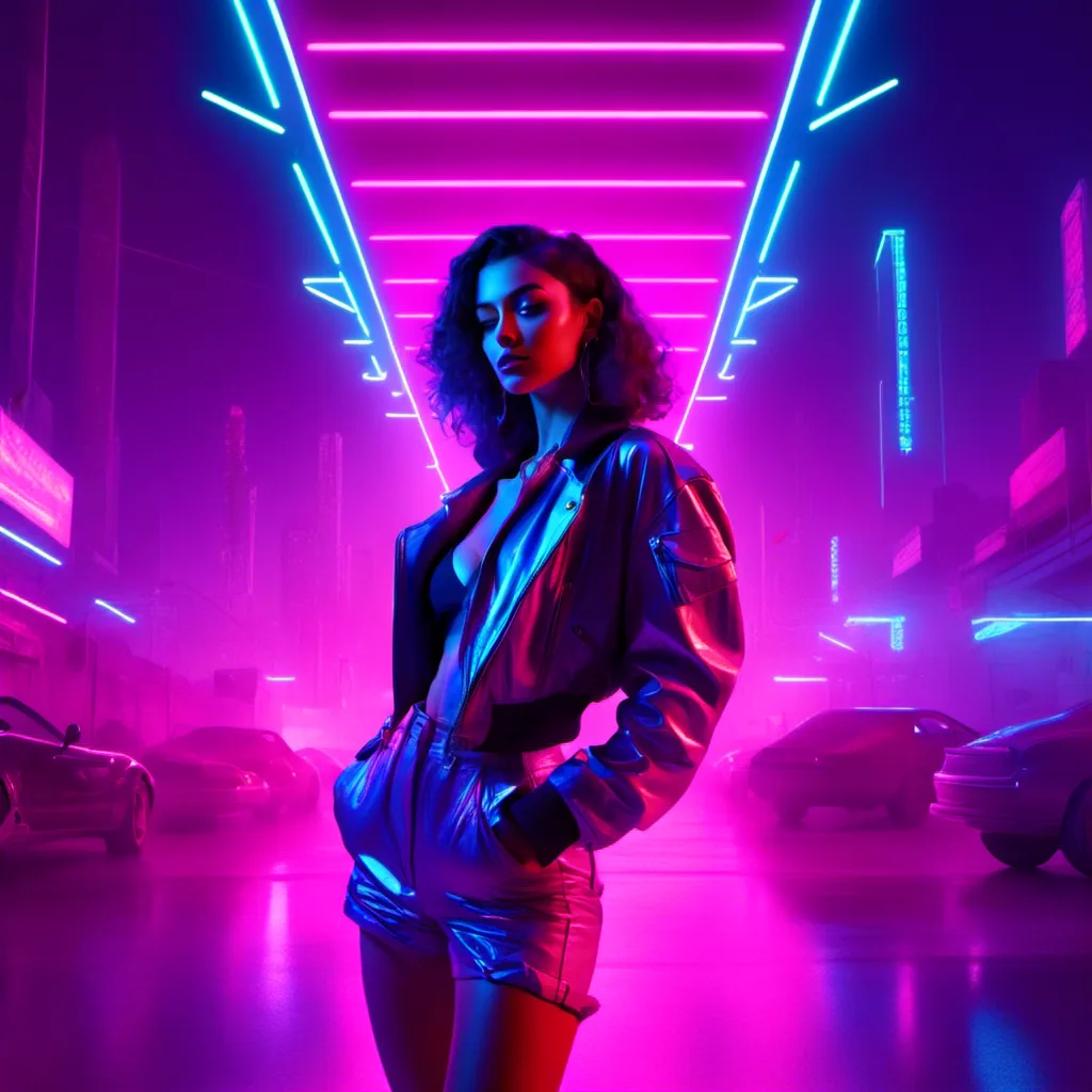 Prompt: a beautiful female demon in a dynamic pose in a retro futuristic synthwave cyberpunk neon paradise in <mymodel> style.  neon lighting, synthwave, cyber, futuristic city atmosphere. 