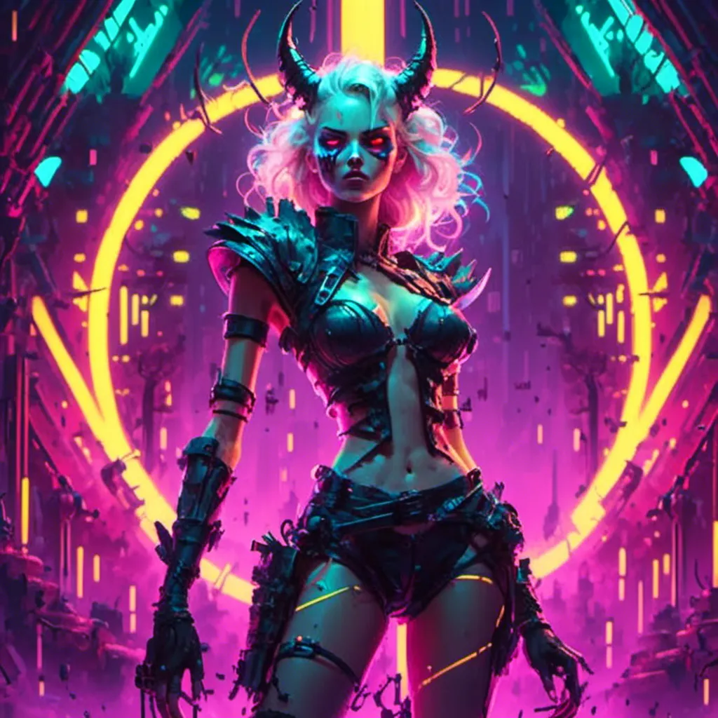 Prompt: a beautiful white female demon in a dynamic pose in a retro futuristic synthwave cyberpunk neon paradise in <mymodel> style.  neon lighting, synthwave, cyber, futuristic city atmosphere, art, illustrated, style. 