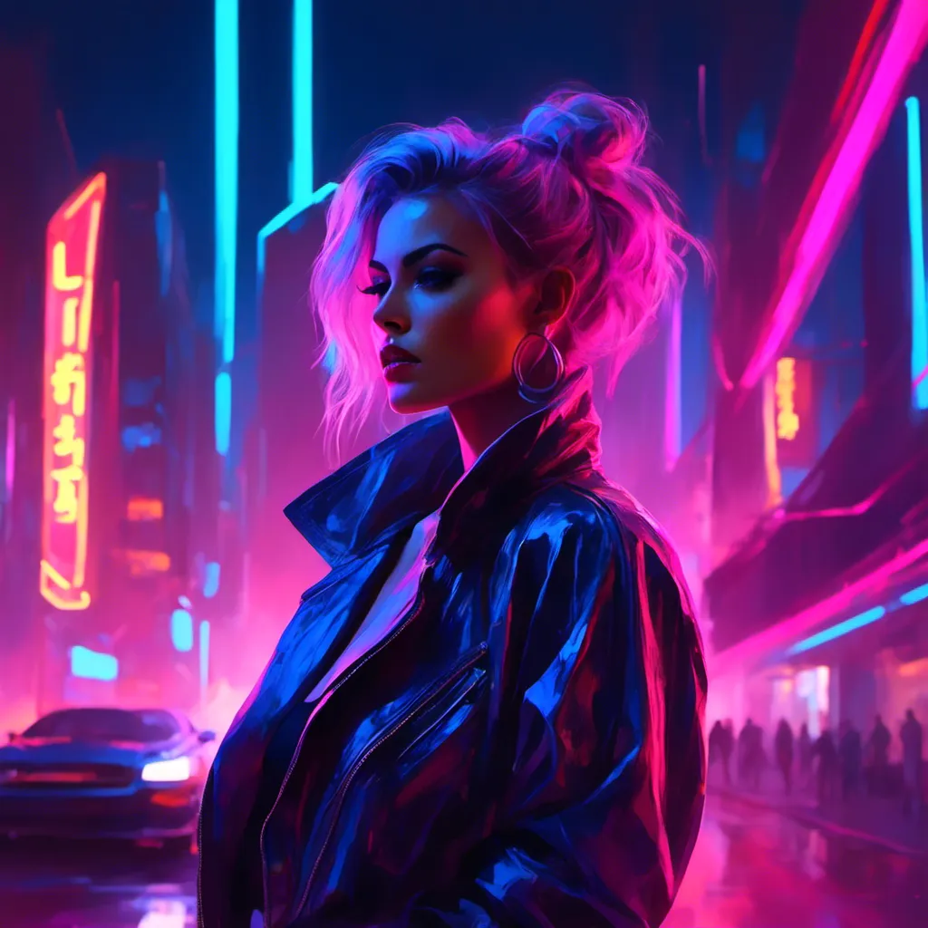 Prompt: a beautiful female demon in a dynamic pose in a retro futuristic synthwave cyberpunk neon paradise in <mymodel> style.  neon lighting, synthwave, cyber, retro, futuristic city atmosphere. 