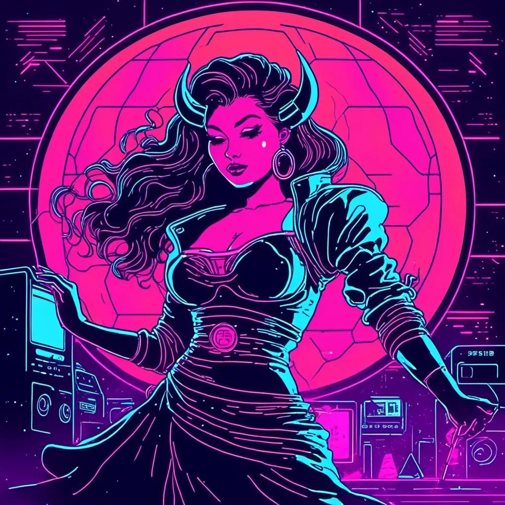 Prompt: <mymodel> a beautiful female demon in a dynamic pose in a retro futuristic synthwave cyberpunk neon paradise.  neon lighting, synthwave, cyber, retro, futuristic 