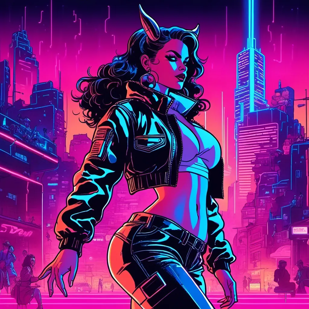 Prompt: a beautiful female demon in a dynamic pose in a retro futuristic synthwave cyberpunk neon paradise in <mymodel> style.  neon lighting, synthwave, cyber, futuristic city atmosphere. 